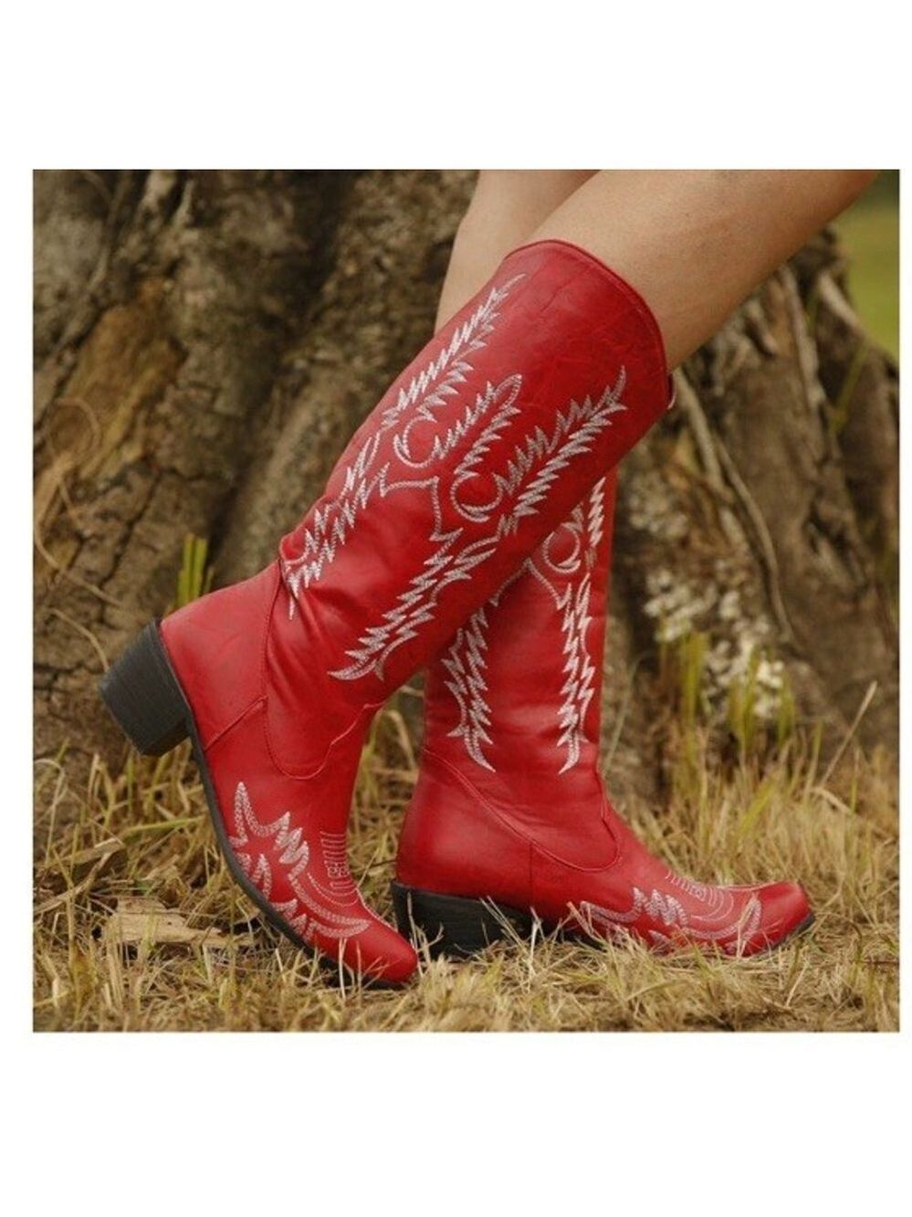 Tawop Embroidered Cowboy Cowgirl Western Knee High Boot Block Heel Pull-On